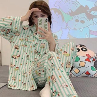 【Uni】春鞦季甜美卡通條紋蠟筆小新睡衣女長袖長褲可愛寬鬆套裝