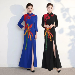 優雅女士奧黛越南旗袍東方花朵刺繡傳統宴會派對晚禮服