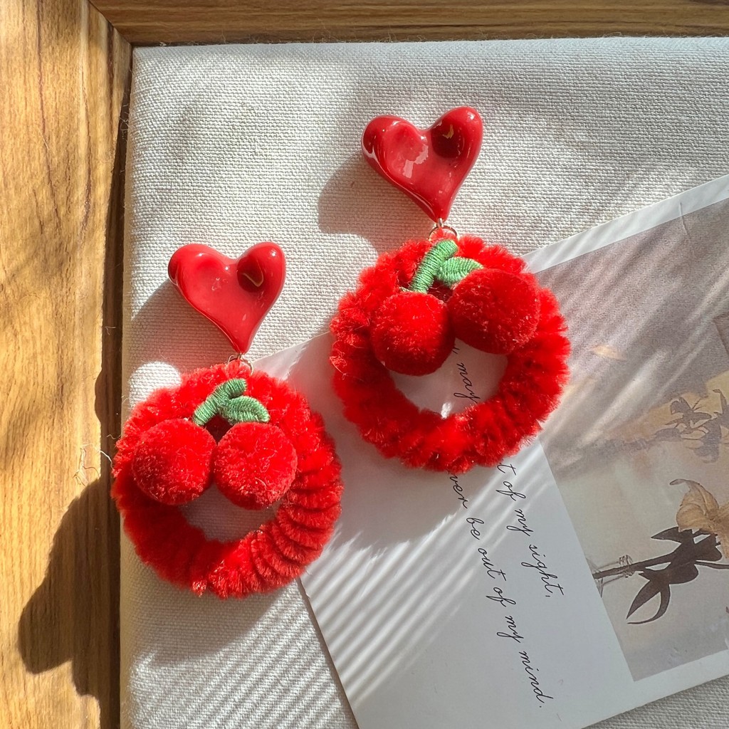 《甜甜耳飾》新年紅秋冬喜慶可愛紅櫻桃果實小眾設計氣質百搭耳環甜美愛心耳夾-