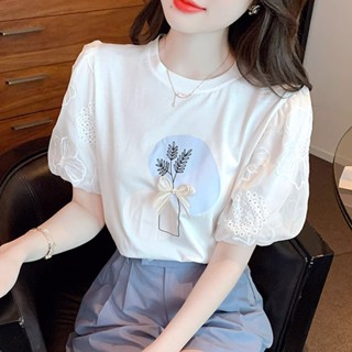 【HOT 本舖】 蕾絲泡泡袖T恤女夏2025年夏季新款時尚短袖印花上衣減齡洋氣小衫
