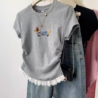 YWW 灰色蕾絲花邊小狗短袖T恤女夏季夏款小個子短款正肩收腰上衣
