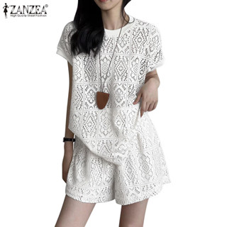Zanzea 女式韓版休閒蕾絲寬鬆短袖上衣+短褲套裝
