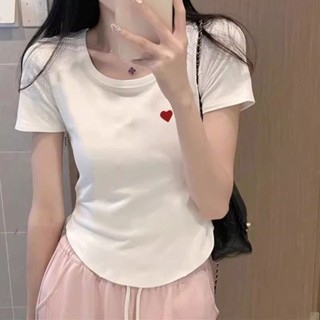 胖胖美依 短袖T卹 上衣 短版上衣 印花上衣 小衫 S-XL新款設計感小眾下擺孤形修身顯瘦高腰露臍純棉上衣-4240.