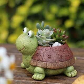 田園獃獃烏龜多肉植物樹脂花盆 花器 創意複古庭院家居裝飾 動物擺件