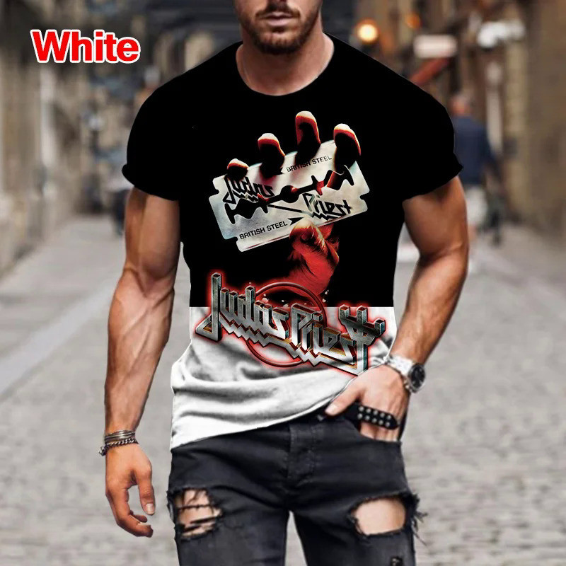 時尚嘻哈搖滾 Judas Priest Band 3D 印花 T 恤男士休閒 O 領短袖上衣街頭潮流超大 T 恤