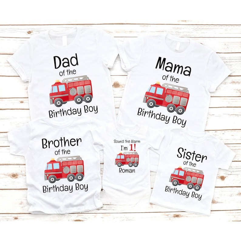 Fire TRUCK 家庭生日男孩襯衫 1 歲生日男孩 T 恤一歲生日消防車配套家庭襯衫派對衣服