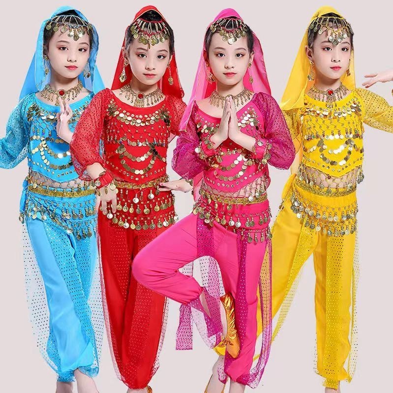 兒童印度舞蹈表演服裝女孩肚皮舞金幣吊墜長袖上衣褲子頭巾套裝