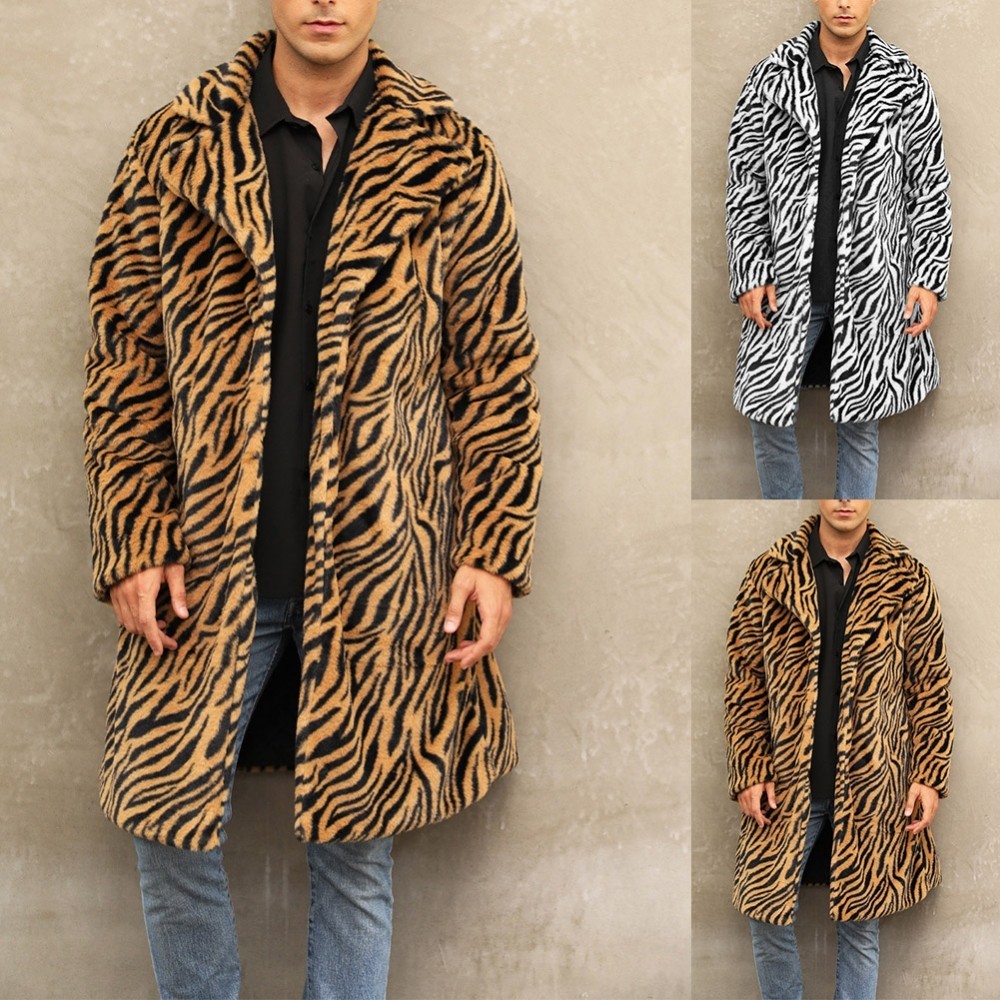 男士人造毛皮大衣外套冬季保暖長外套外套加厚豹紋外套