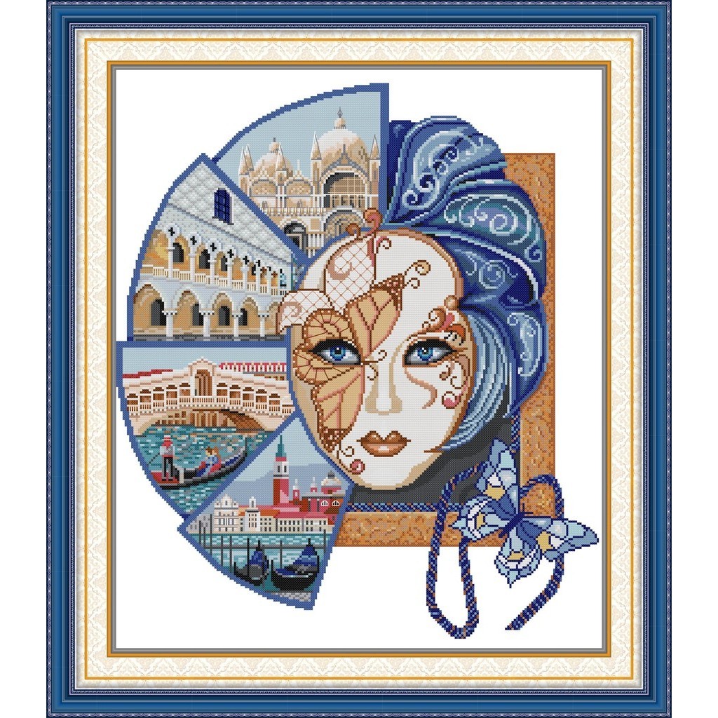 Joy Sunday 沖壓十字繡套件威尼斯面具圖案 14CT 或 11CT,9CT 針線刺繡套件
