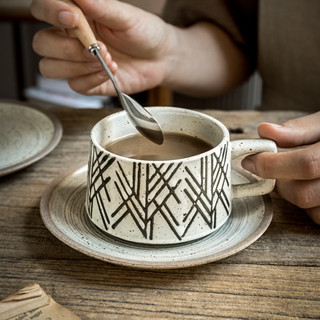 復古幾何線拿鐵杯子,粗陶咖啡杯套裝家用陶瓷馬克杯