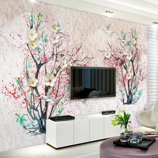 浮雕白花樹照片壁紙客廳電視背景牆裝飾自粘壁畫牆紙 3d