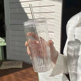 現貨 大容量650ml玻璃水杯ins吸管水壺 透明玻璃杯 冷飲杯 玻璃吸管杯 家用飲料杯果汁杯 玻璃馬克杯附蓋 檸檬水壺