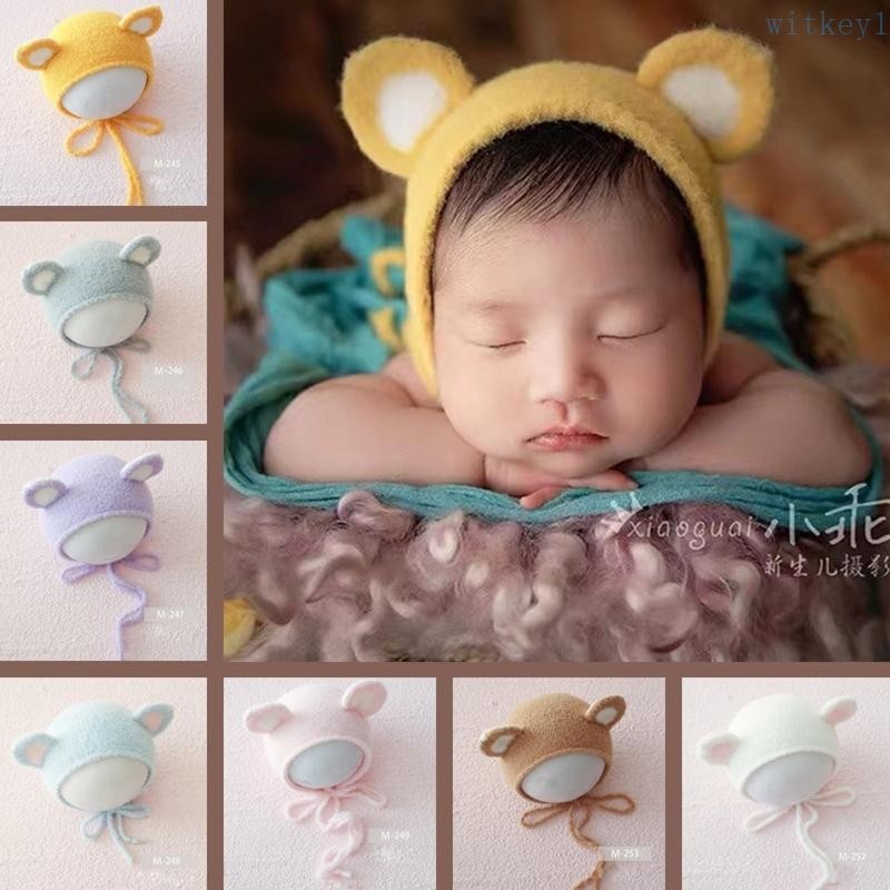 Wit 新生兒攝影擺姿勢道具可愛耳朵鉤針針織帽子嬰兒嬰兒豆豆帽子照片