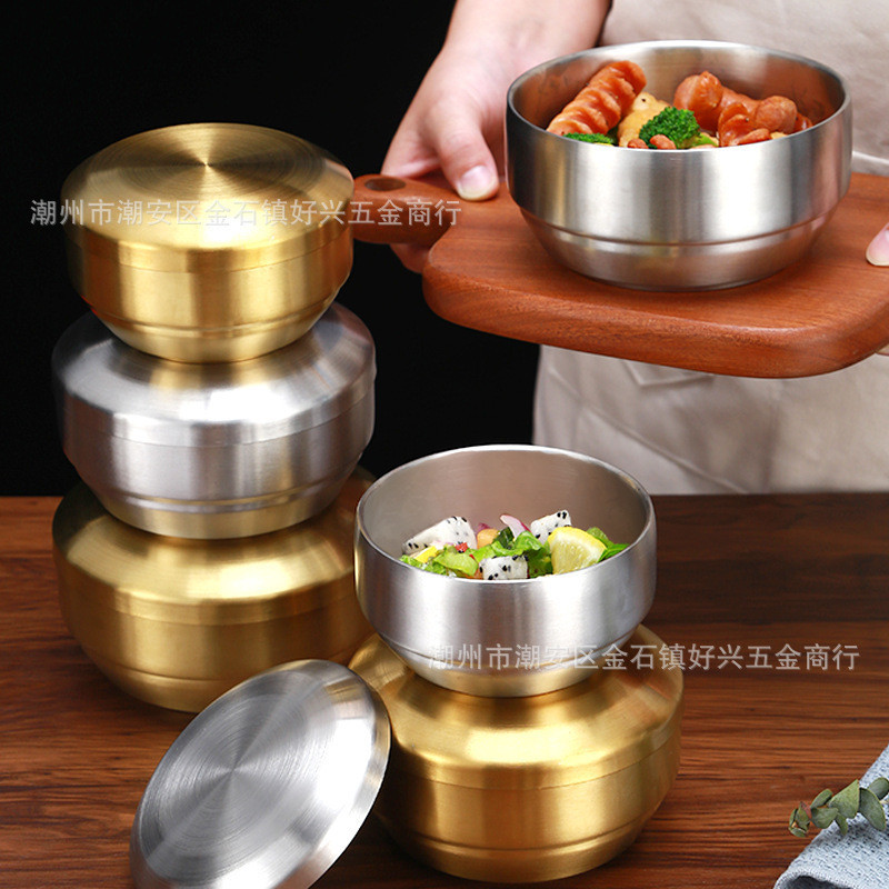 加厚不鏽鋼金色帶蓋韓系雙層隔熱韓國料理碗拉絲米飯泡菜配小菜碗