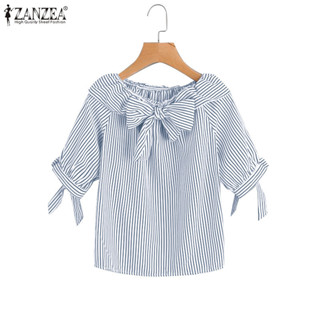 Zanzea 女式韓版露肩三分袖條紋襯衫