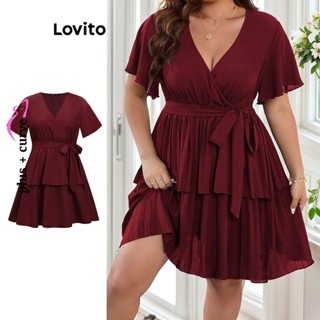 Lovito 女款大尺碼曲線休閒素色雙層連身裙 LBL09431