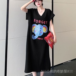 【臺灣出貨】【1667人收藏】胖mm300斤夏季新款大碼V領背心T恤連衣裙寬鬆顯瘦減齡過膝長裙女大碼女裝 胖妹妹 大