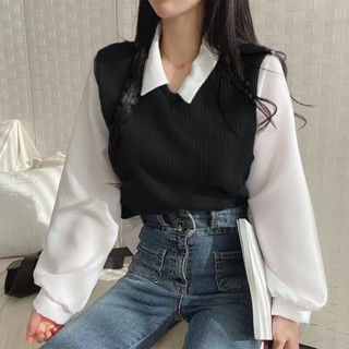 S-2xl 女士休閒襯衫 POLO 領長袖可愛韓式上衣 Baju Fashion Wanita 假兩件T恤POLO領長袖