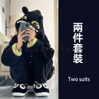 超可愛無牙仔卡通鞦鼕季睡袍女珊瑚絨連帽長袍加厚保暖睡衣傢居服