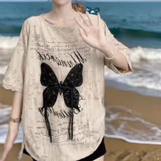 M-3XL 蕾絲透氣寬鬆蝴蝶吊墜 夏季新款韓版時尚洋氣度假風上衣