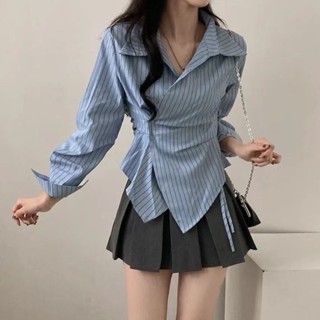 韓版設計不規則收腰秋季襯衫條紋學院風襯衫長袖新款顯瘦上衣