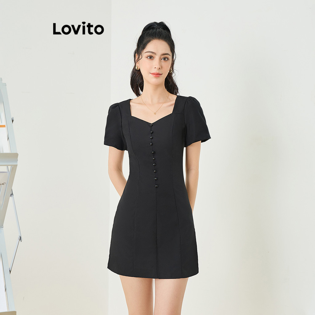 Lovito 女士休閒素色扣環前泡泡袖連身裙 L83ED344
