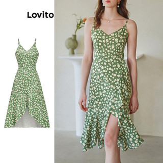 Lovito 波西米亞格花卉荷葉邊下擺圖案女式連身裙 L83ED085