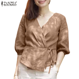 Zanzea 女式複古休閒 V 領三分袖純色襯衫