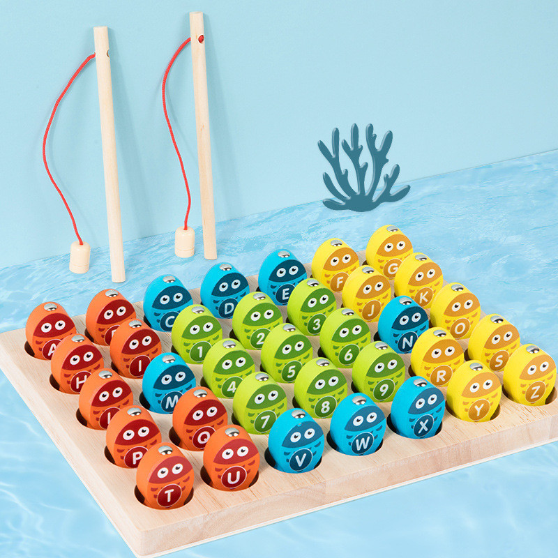 木製兒童磁性玩具 數字字母釣魚玩具 寶寶早教益智積木 歡樂釣魚訓練 手眼協調玩具