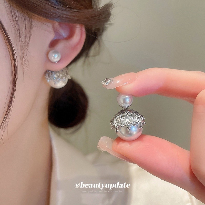 【耳環】銀針鑲鑽珍珠雙面帶耳環韓國ins氣質冷淡風耳環時尚設計感耳飾女耳環飾品