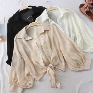 【黛澤大尺碼S-3XL】 薄款防曬襯衫女 POLO領外套 夏季女裝 寬松顯瘦蝙蝠開衫 短版雪紡空調衫外搭 韓版簡約小披肩
