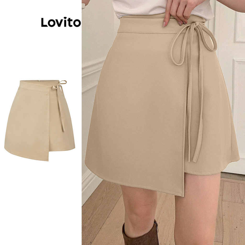 Lovito 女休閒素色抽繩假兩件合短裙 L87ED128