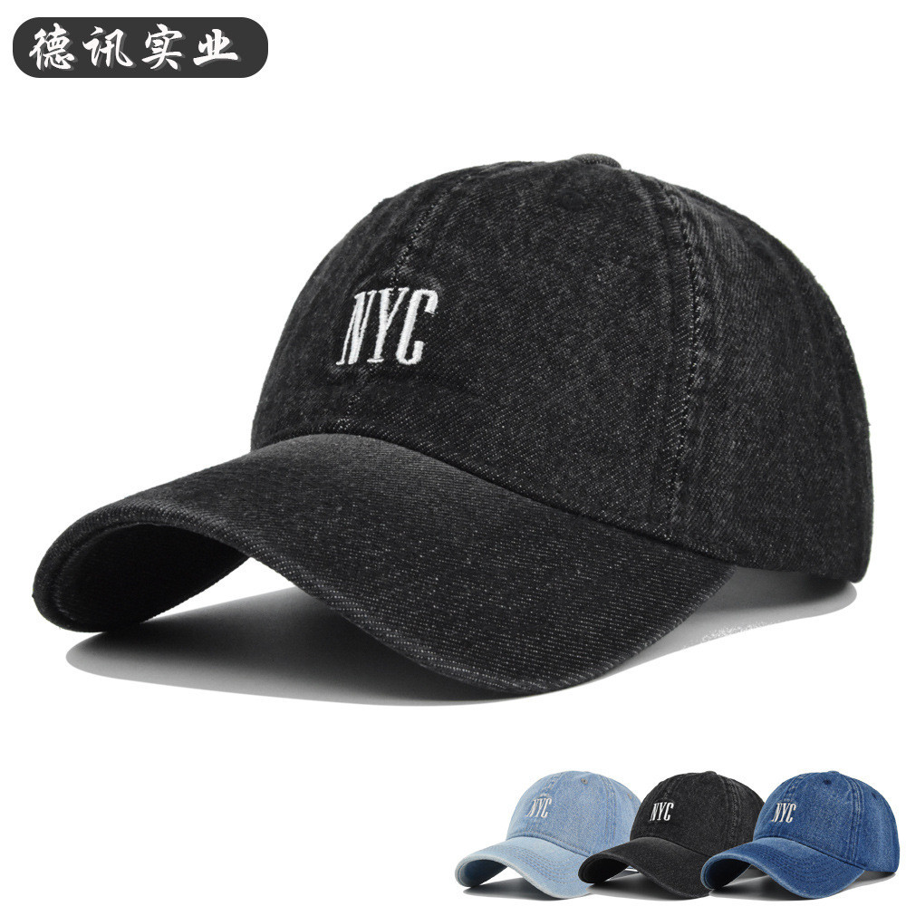跨境NYC水洗刺繡牛仔帽繡花棒球帽復古鴨舌帽做舊遮陽帽彎簷帽