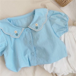 兩件套甜美寶寶童裝短袖兒童刺繡純棉女童韓國夏裝上衣娃娃衫襯衫 D3PY
