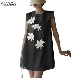 Zanzea 女式韓版時尚 3D Flowears 拼接休閒圓領無袖連衣裙