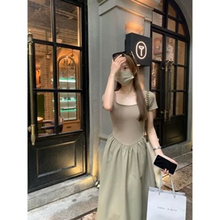 簡約風方領 高腰氣質洋裝2023春夏新款 韓系 chic茶裡茶氣裙子女