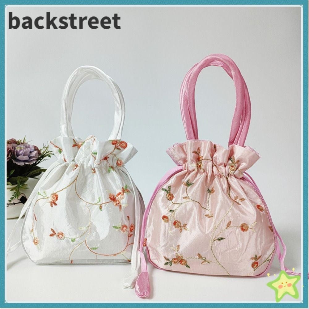 BACKSTREET小水桶包,手工製作繡花WomenFlower手提包,民族風格頂部手柄錢包抽繩袋