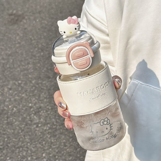 【店鋪熱銷】Hello Kitty玻璃水杯高硼矽耐高溫女生ins雙飲帶刻度防燙吸管杯 三麗鷗周邊 卡通水杯 學生水杯 生
