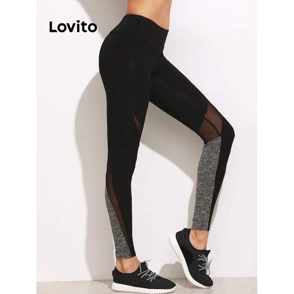 Lovito 運動拼布服裝孔眼透明女款運動緊身褲 LNL52038
