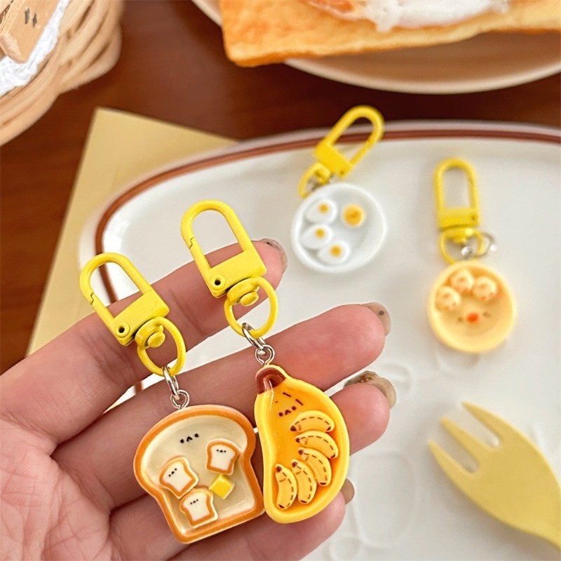 卡通早餐盤麵包香蕉蛋挂件鑰匙扣仿真食物玩具鑰匙圈女女孩耳機手機配件