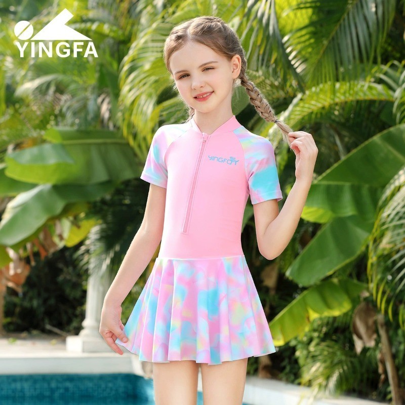 Yingfa女童泳衣兒童泳衣連身泳衣帶裙小童女童泳衣防曬衣可愛寶寶公主沙灘裝