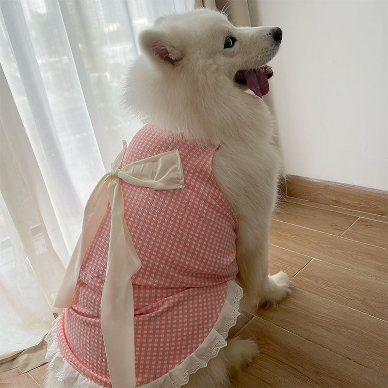 衣服薩摩耶格子寵物小型犬拉布拉多裙子領結狗狗新款大中粉色