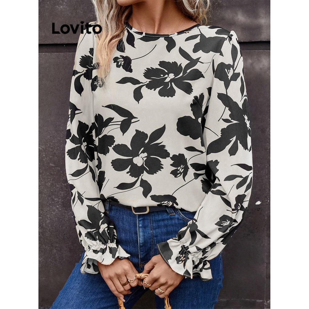 Lovito 女式複古花卉抽繩泡泡袖襯衫 LBL20179