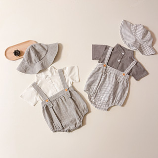 男童夏季寶寶套裝格紋吊帶背心褲+太陽帽+短袖三件套