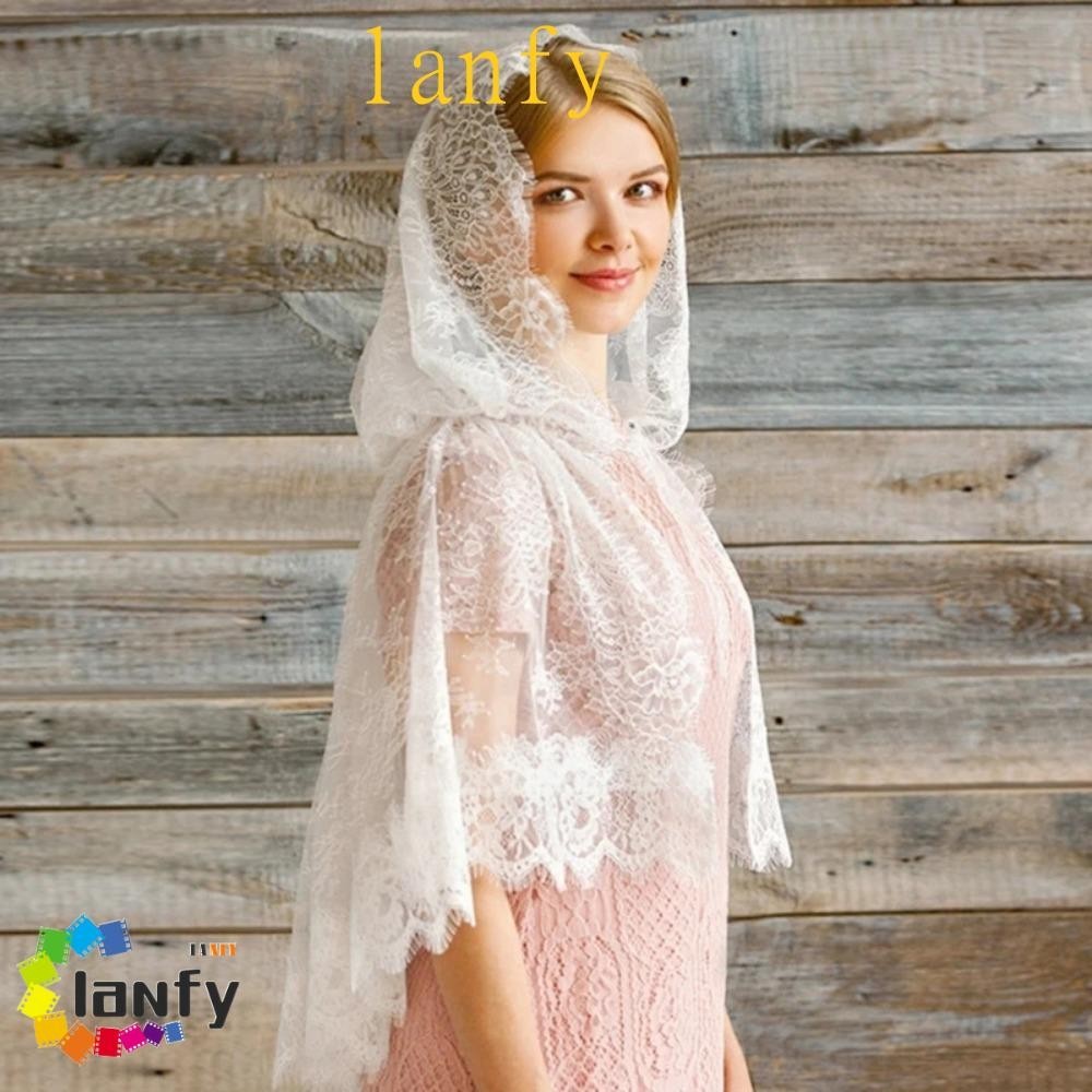 LANFY蕾絲邊飾透明披肩,白色繡花婚禮斗篷,連帽衫棉軟花三角圍巾披肩旅行