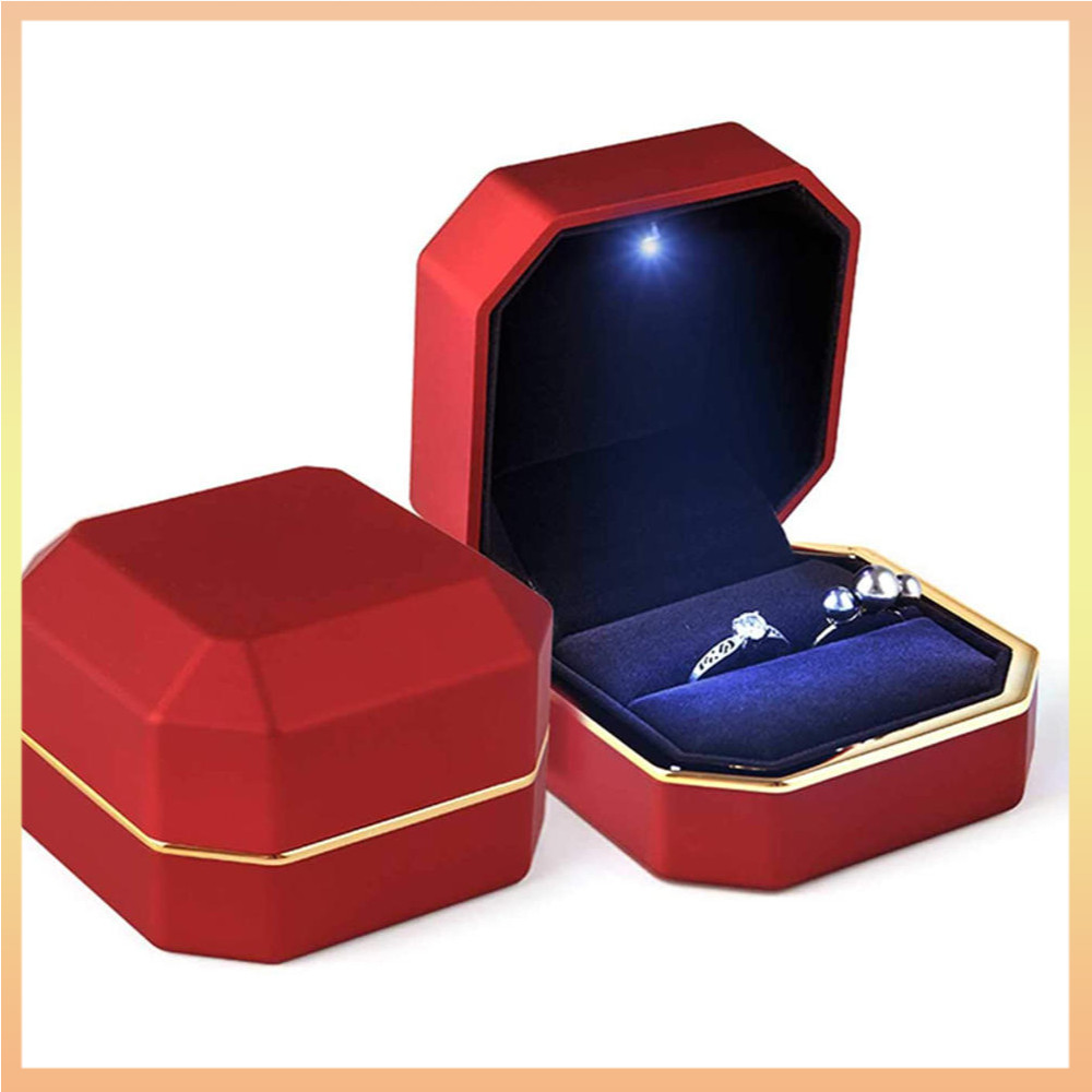 奢華戒指盒方形天鵝絨結婚戒指盒珠寶禮品盒帶 LED 燈求婚訂婚婚禮