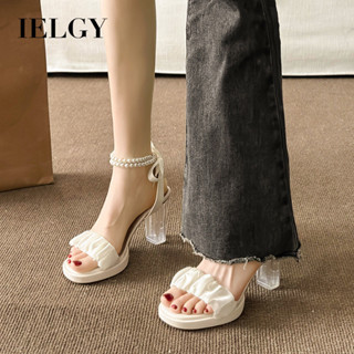 IELGY 夏季白色高跟鞋女氣質珍珠法式涼鞋時尚