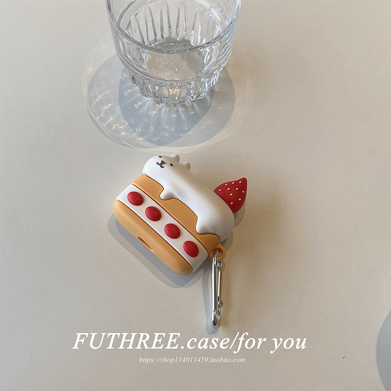 A可愛ins貓咪 草莓蛋糕 硅膠軟殼 適用Airpods 3保護套 Airpods pro2保護套 1/2代蘋果藍芽耳機