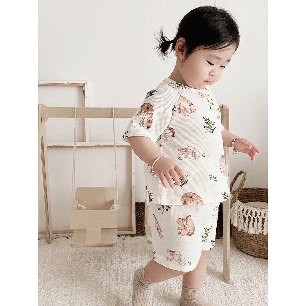 2024夏款韓國兒童睡衣北歐風兒童家居服寶寶睡衣套裝純棉華夫格