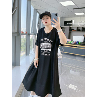 韓版夏季大尺碼胖MM1-150kg寬鬆時尚字母印花圓領中長款洋裝女